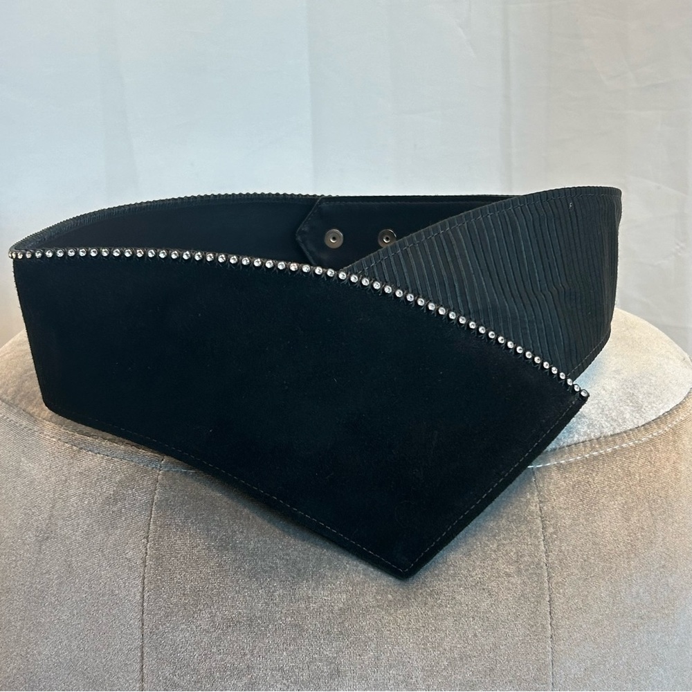 Streets Ahead black suede/fabric rhinestone trim V shaped waist cinching belt